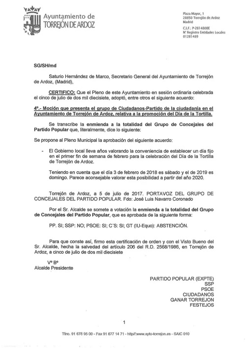 Acuerdo pleno Día de la Tortilla Torrejón de Ardoz acuerdo pleno dia tortilla